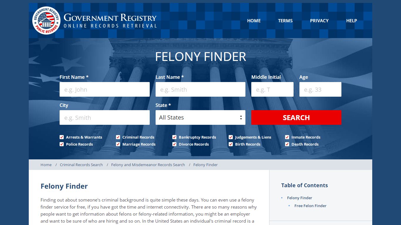 Felony Finder | GovernmentRegistry.org